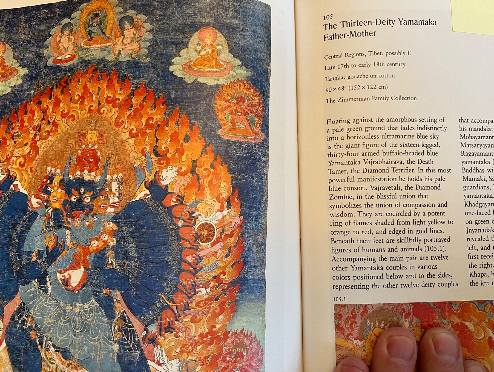 Tibetan Thangka Painted on Horn Yamantaka in Father-Mother Union