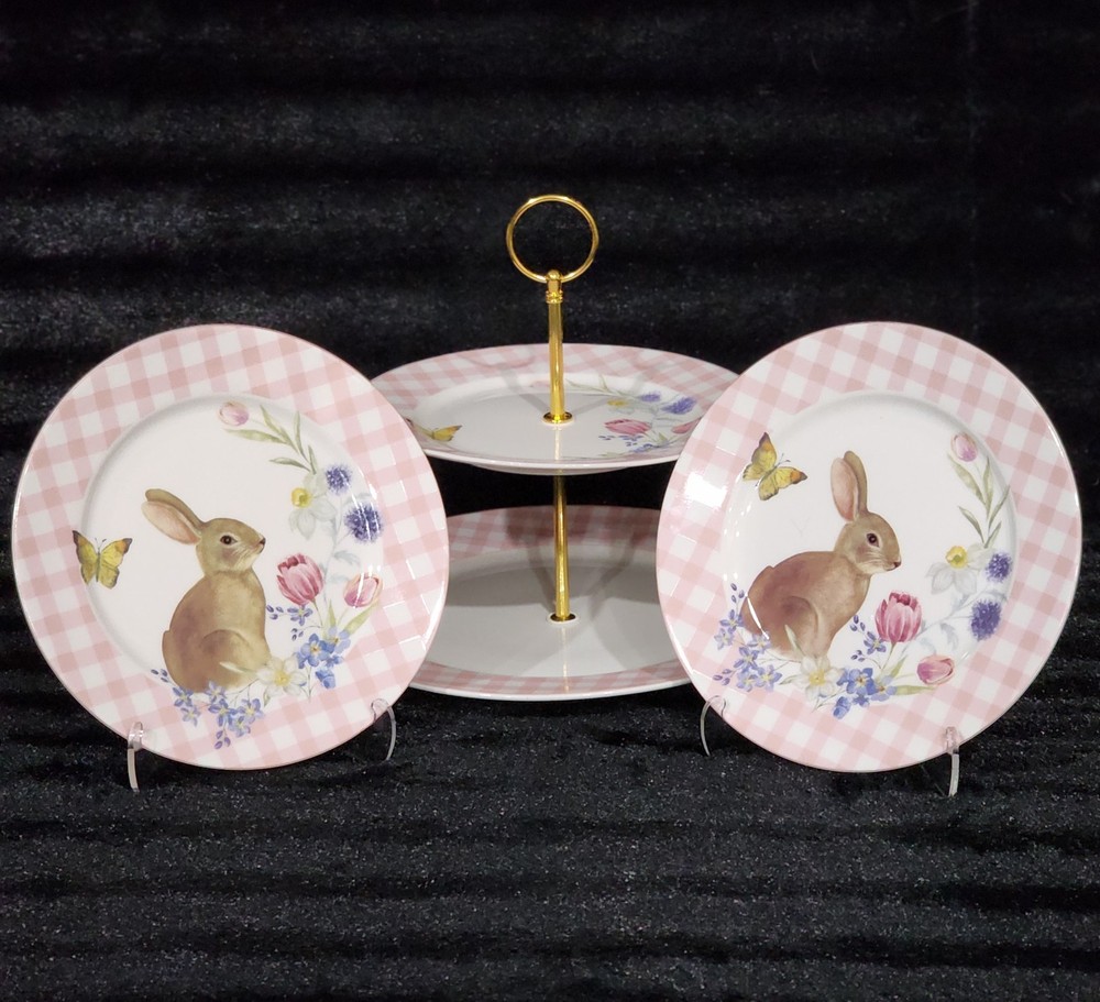 3pc Easter Bunny Pink Gingham 2-Tier Serving Tray Cookie Stand & 2 Salad Plates