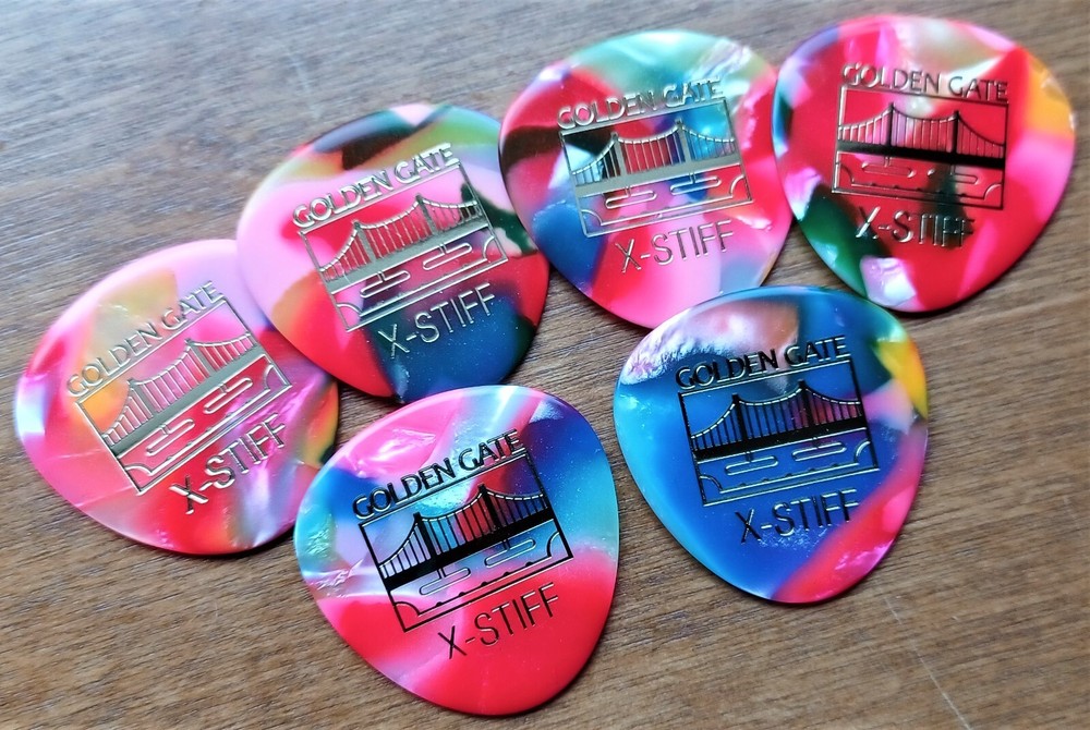 Golden Gate Deluxe Flat Pick Rounded Triangle, X Stiff, Rainbow, 6 Pack,