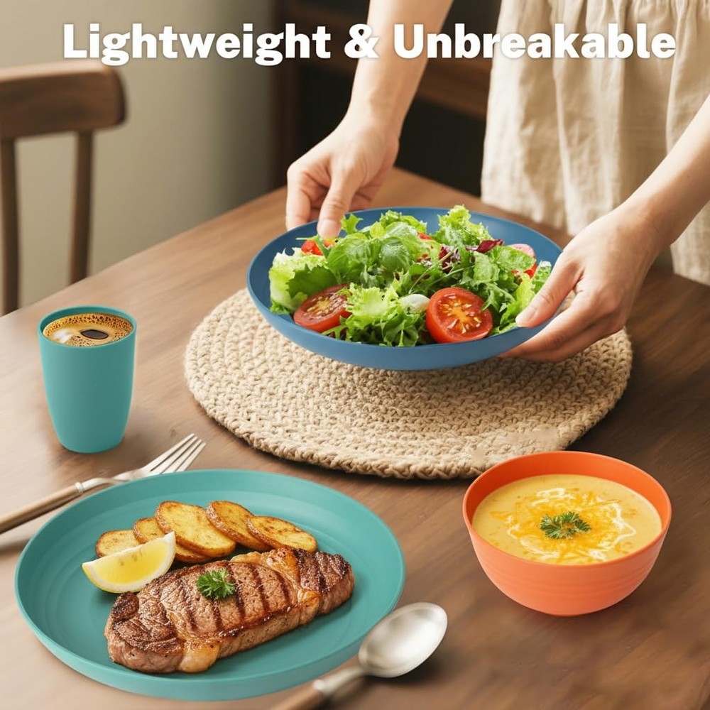 BUSOKIP Wheat Straw Dinnerware Sets for 8, Unbreakable 32PCS, Multicolor