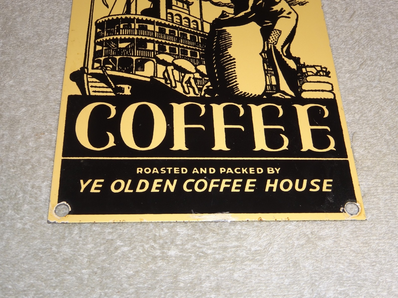 VINTAGE OLD PLANTATION COFFEE W/ PADDLE BOAT 10.5" PORCELAIN METAL GASOLINE SIGN