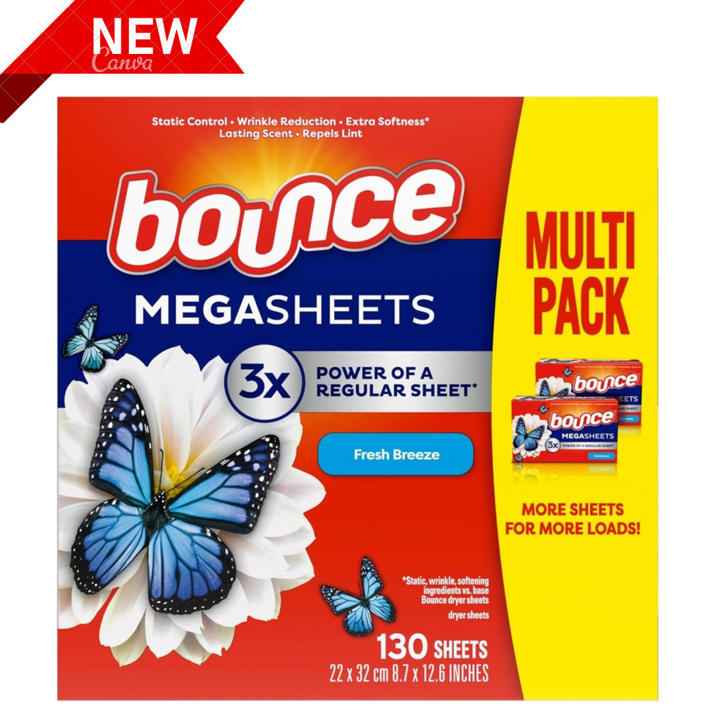 Bounce Mega Dryer Sheets, Fresh Breeze, 130 Count