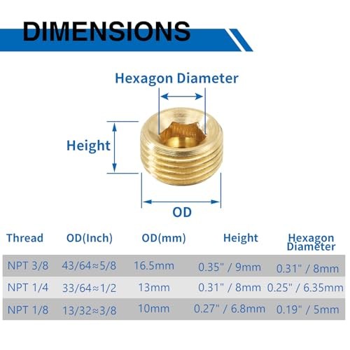 1/4" NPT Male Plug, Brass Internal Hex Thread Pipe Plug, Hex Countersunk Head