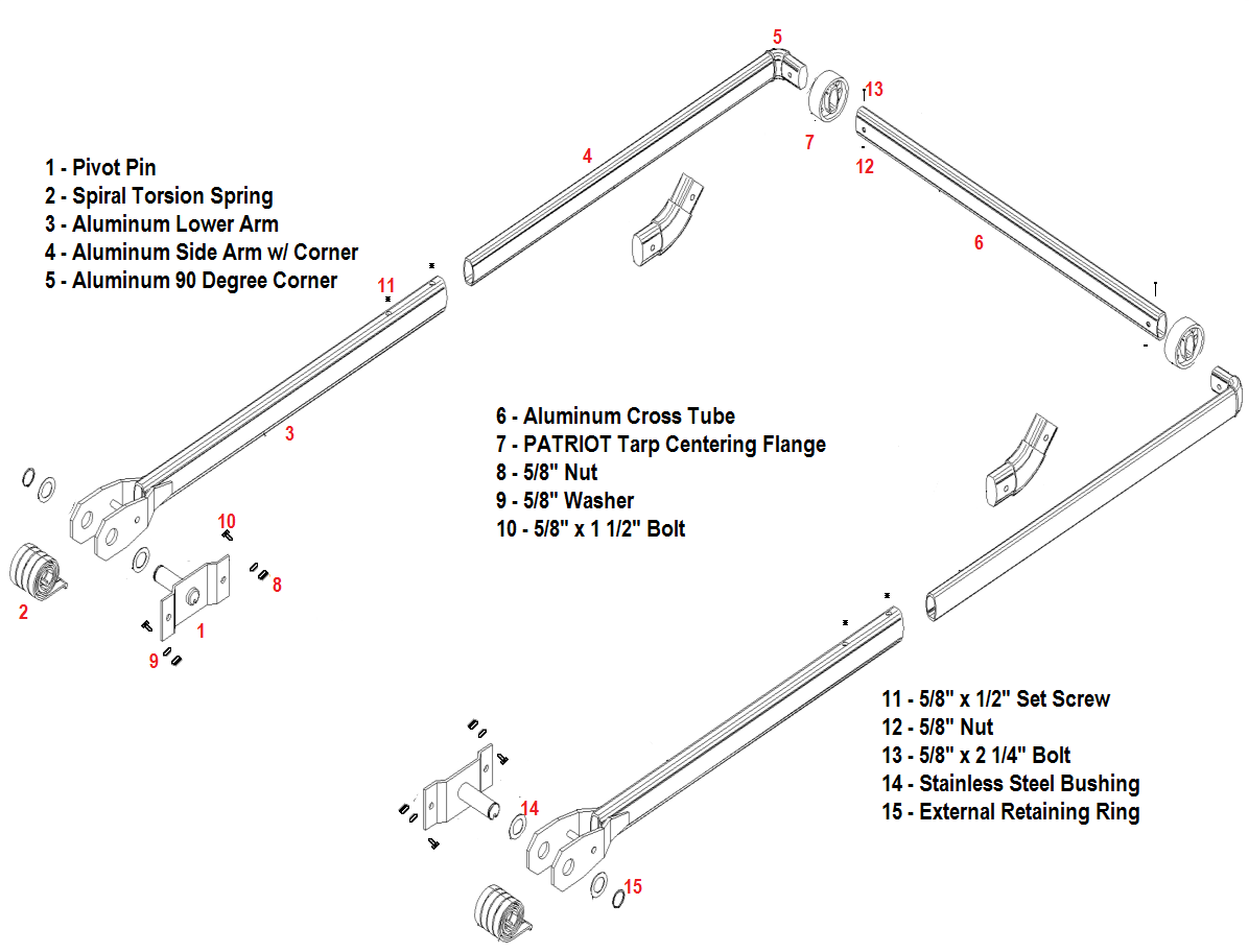 4 Spring Aluminum Dump Truck Tarp Arm Kit. Complete From Pin to Pin. Ships Free