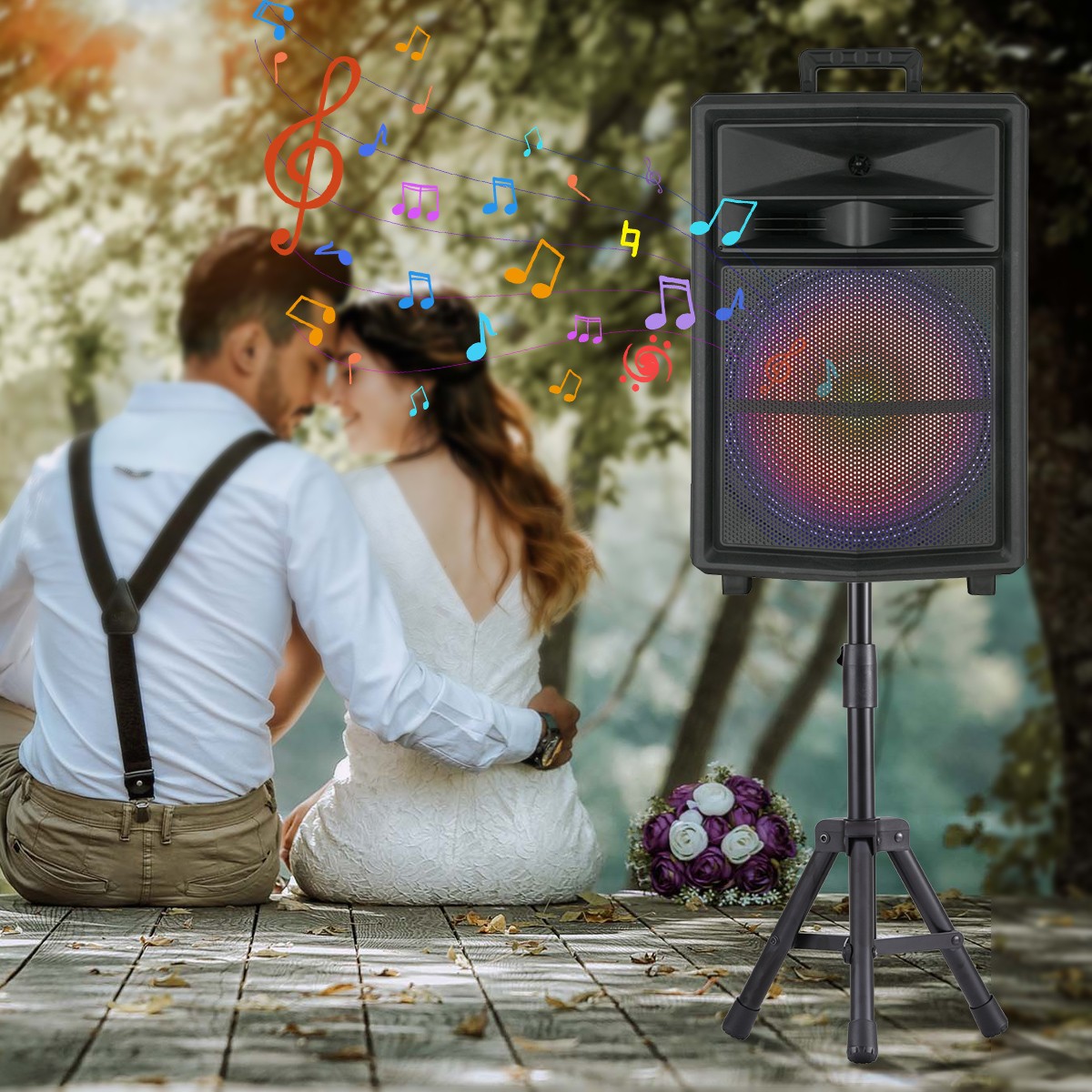 15" 10000W Bluetooth Party Speaker with Heavy Bass LED Lights Wireless Mic Stand