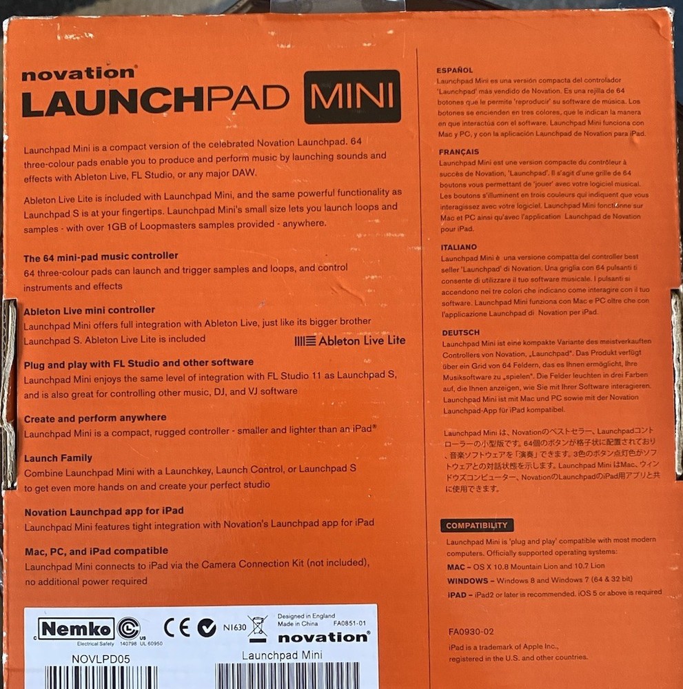 Novation Launchpad Mini Open Box with original cord and documents
