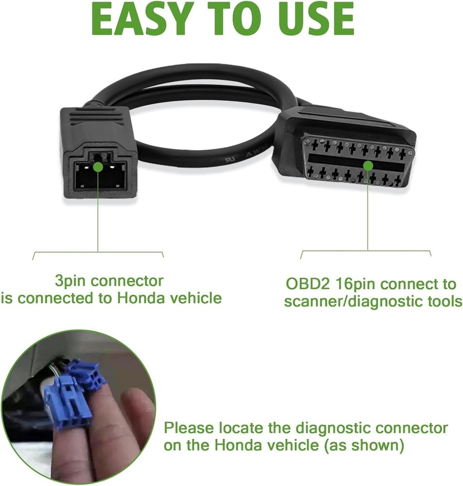 OBD2 Convertor Adapter for 3Pin to 16 Pin Diagnostic Code Reader Cable for Honda