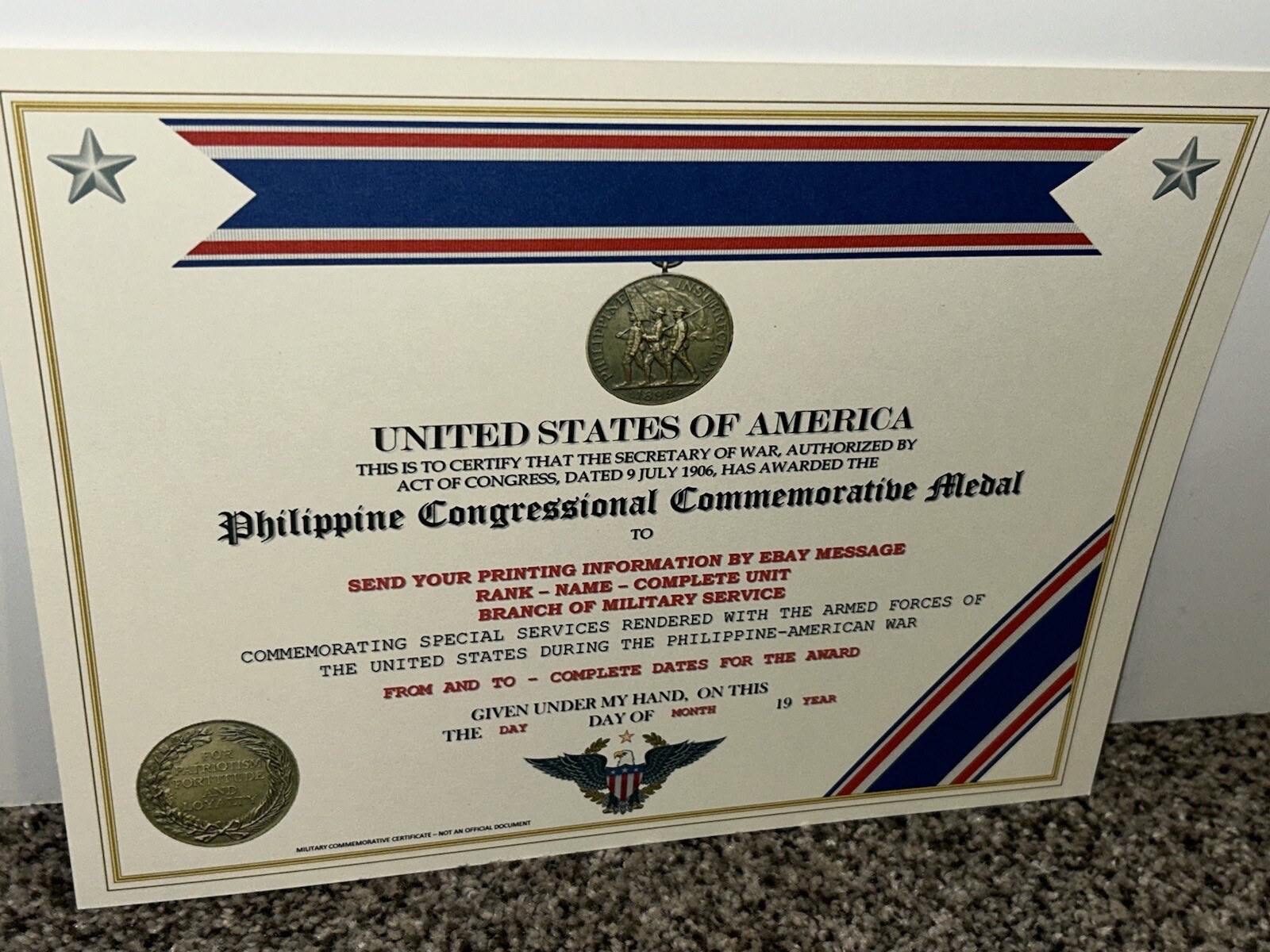 PHILIPPINE CONGRESS COMMEMORATIVE MEDAL CERTIFICATE ~ W/PRINTING TYPE-1