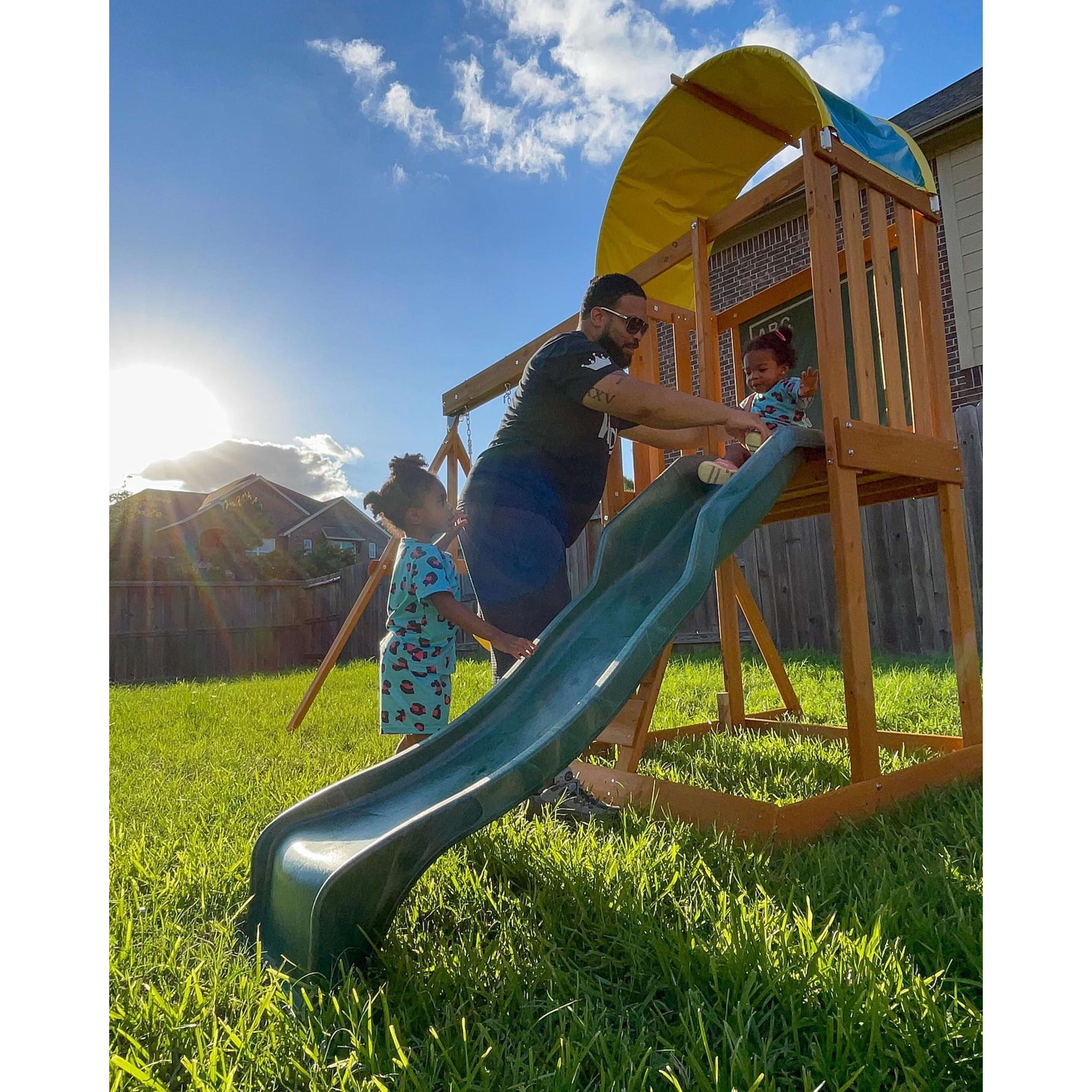 Wooden Swing Slide Set Cedar Outdoor Playground Chalk Wall Sandbox Rockwall New