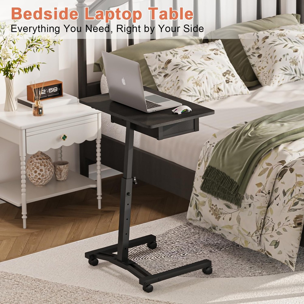 Rolling Adjustable Height Computer Desk With Drawers, Small Mobile Laptop Des...