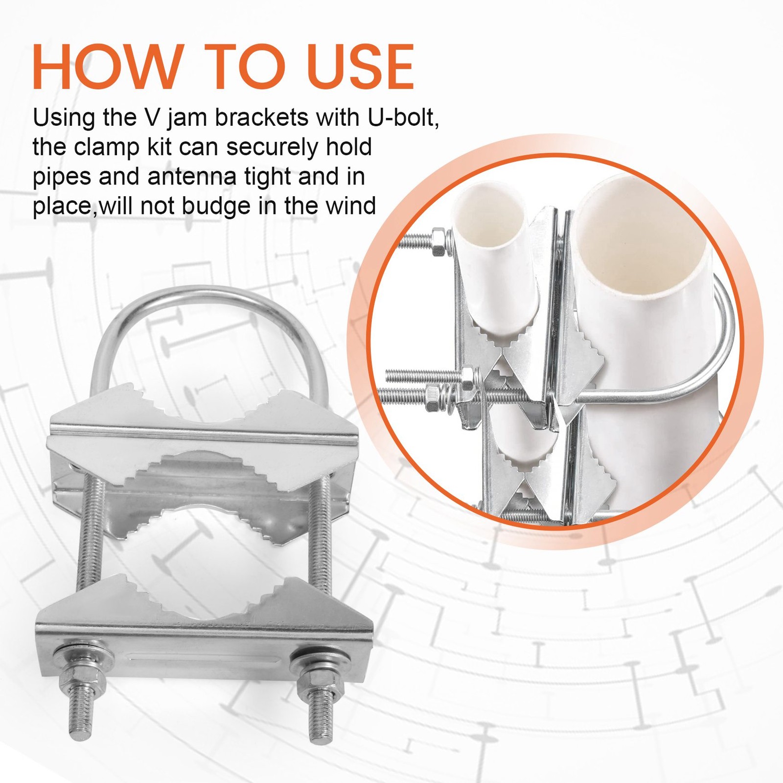 Antenna Mast Clamp V-Jaw Bracket U Bolts Pipe Mounting Hardware 2 Sets for3535