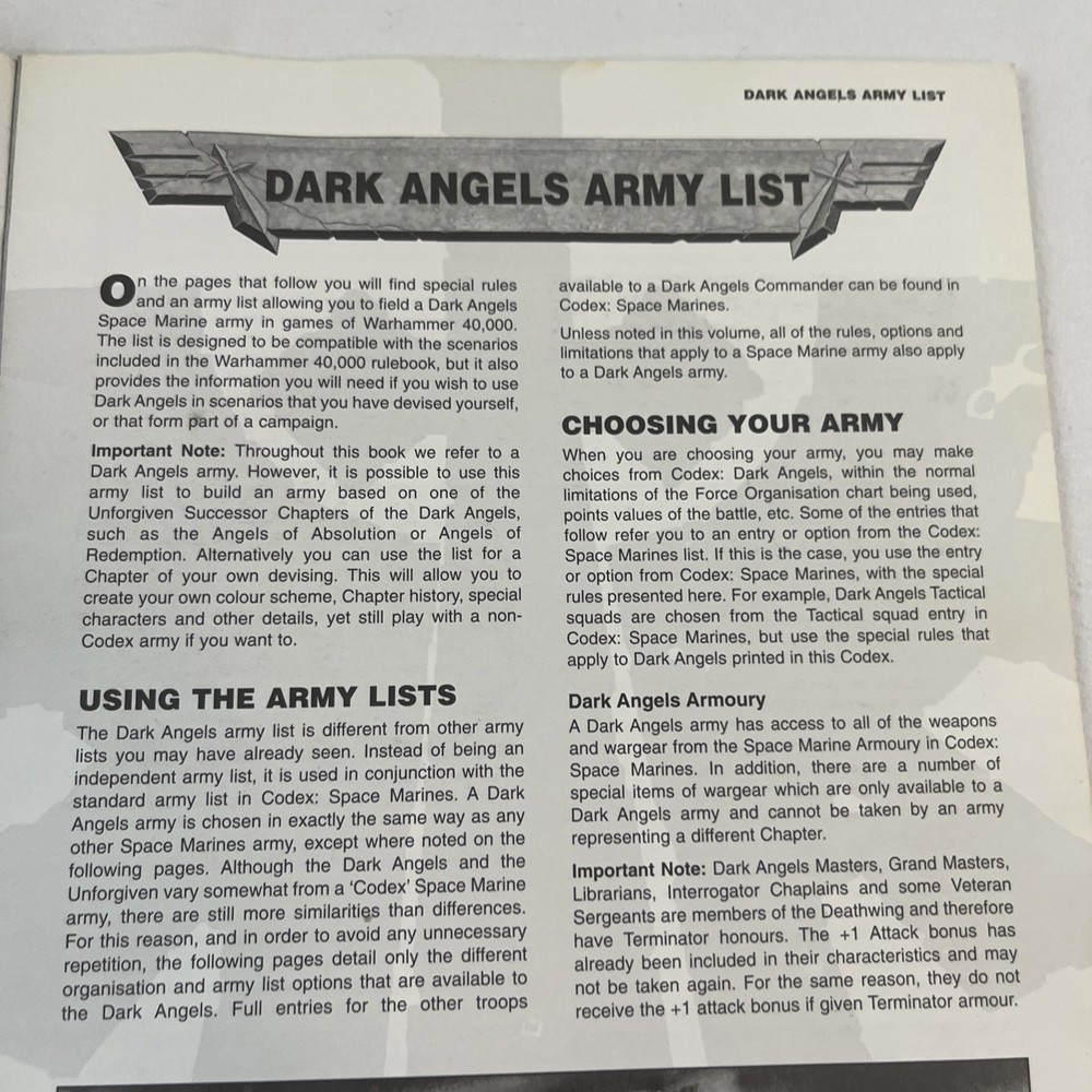 Warhammer 40K Codex Dark Angels - 1999 2nd Edition Games Workshop Supplement