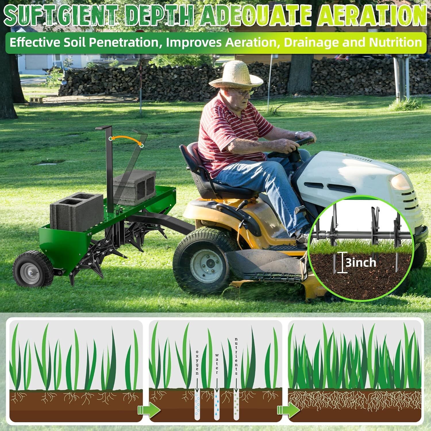 40" 101CM Tow Plug Lawn Aerator Lawn Spike Aerator Lawn& Garden Steel Heavy Duty