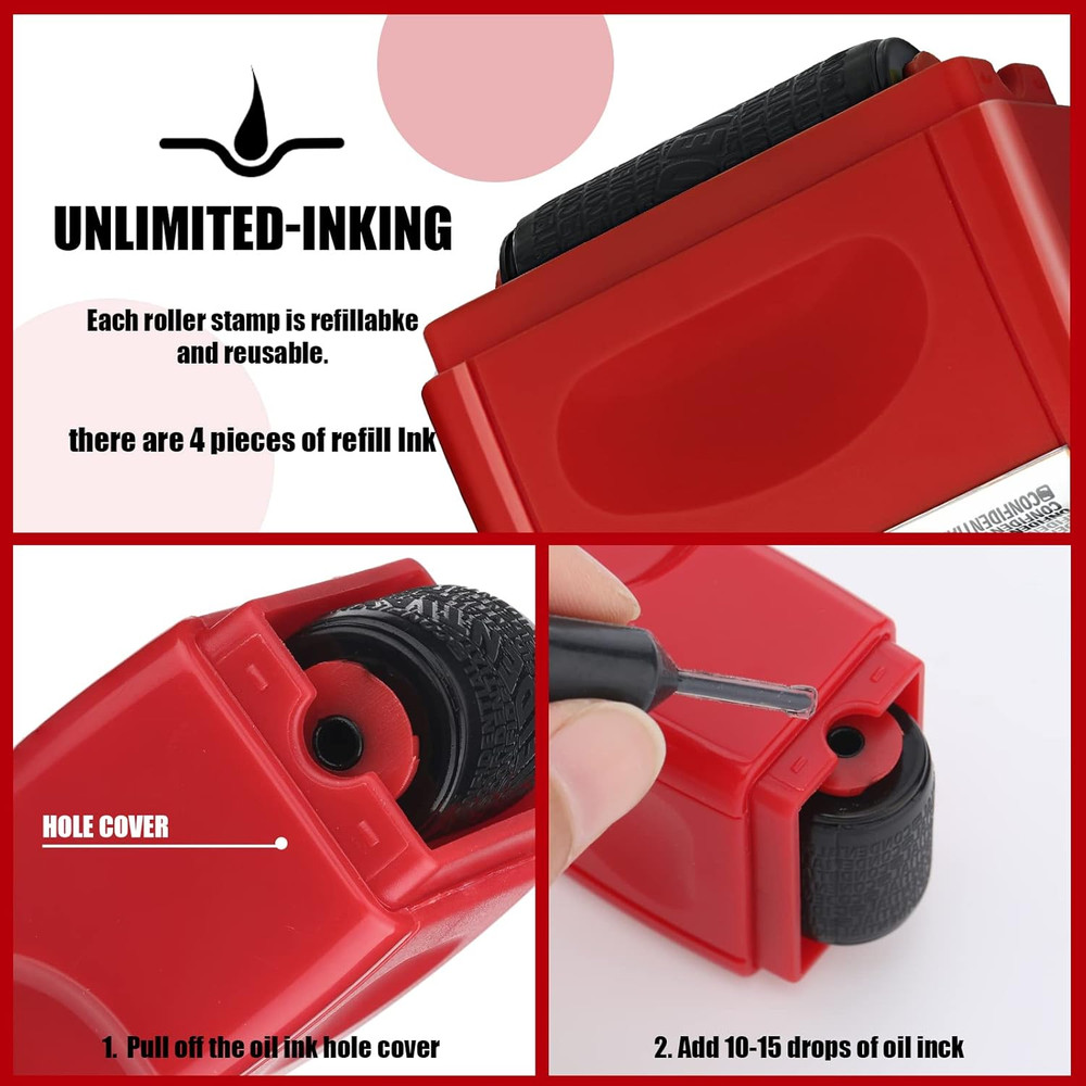 2 Pack Identity Protection Roller Stamp with 4 Pack Refill Ink for Data Security