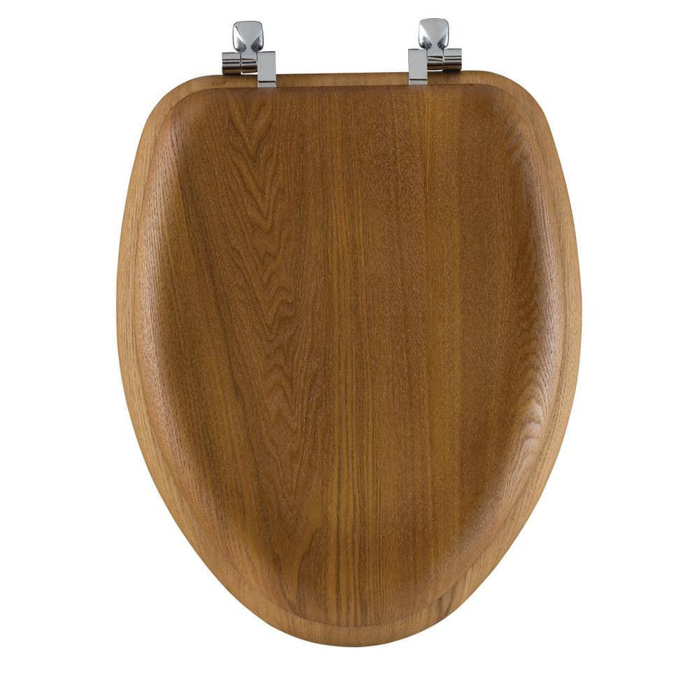 Premium Natural Oak Toilet Seat with Chrome Hinge Elongated Closed Front Wood