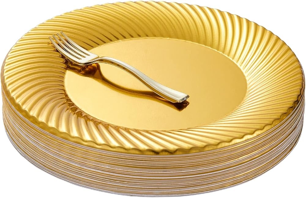 Gold Plastic Dert Plates with Mini Forks, Include Disposable