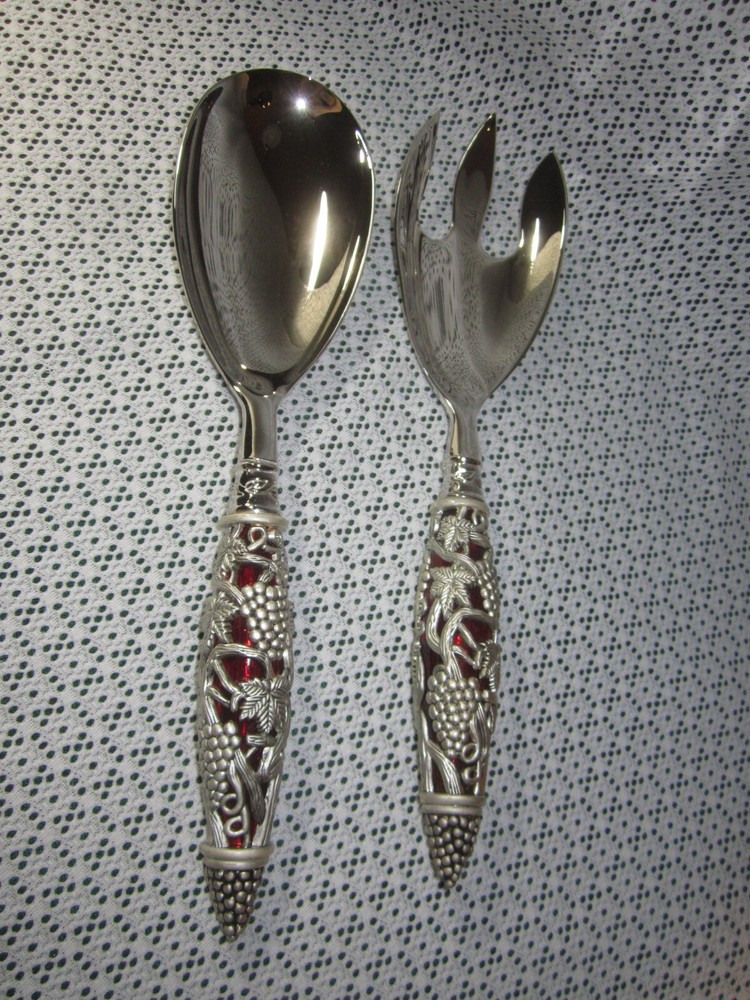 Neiman Marcus Silver Plate 2 Piece Ruby Red Handle Godinger Serving Spoon Fork