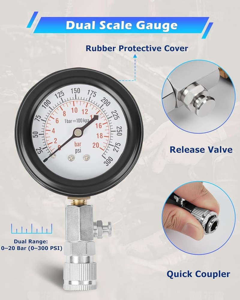 Portable Engine Compression Tester with Dual Color Gauge & Multiple Adapters