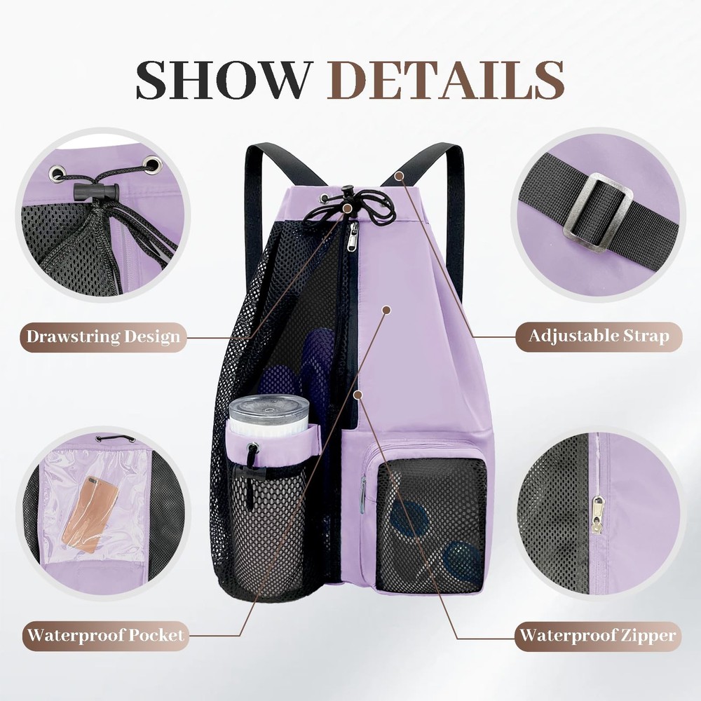 Beach Backpack Wet Pocket Drawstring Mesh Bag Waterproof Swim Pool