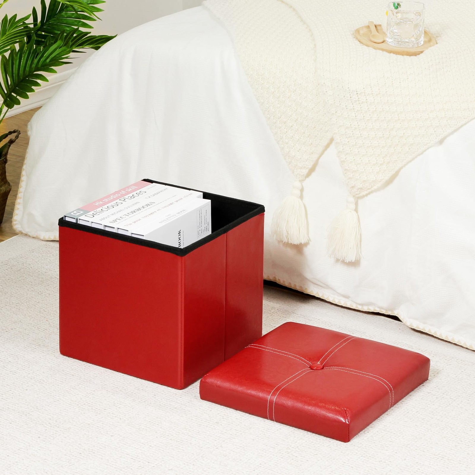 Folding Storage Ottoman Cube, Faux Leather Footrest Seat Coffee Table, Red 11...