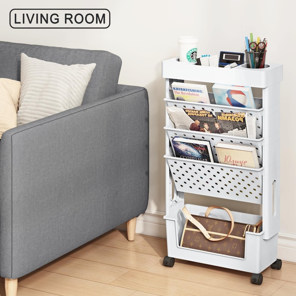 5tier Mobile Bookshelf Rolling Bookcase Book Storage Rack Movable File Folder Or