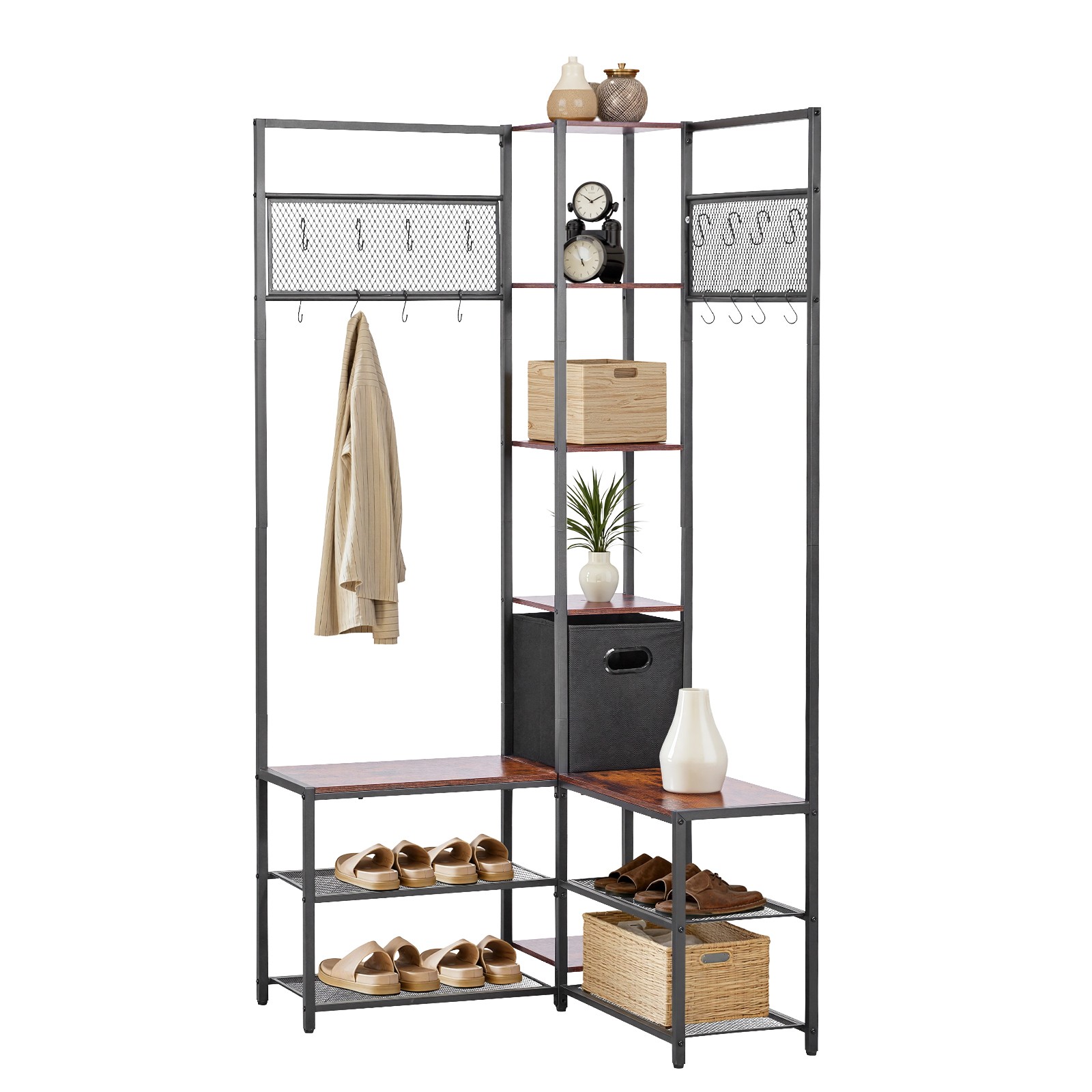 Uimoso Corner Hall Tree with Shoe Bench, 70.9 in Coat Rack with Hooks and Frame