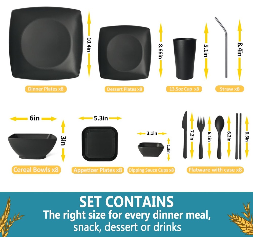 88-piece With Flatware Plastic Kitchen Wheat Straw Square Dinnerware Set for ...