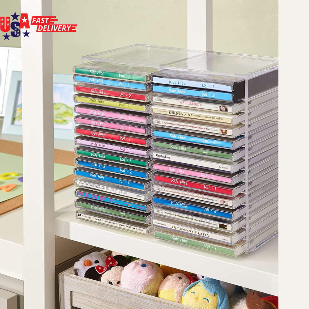 Stackable Clear Plastic CD Organizer with Rubber Feet | Rectangular Jewel Cases