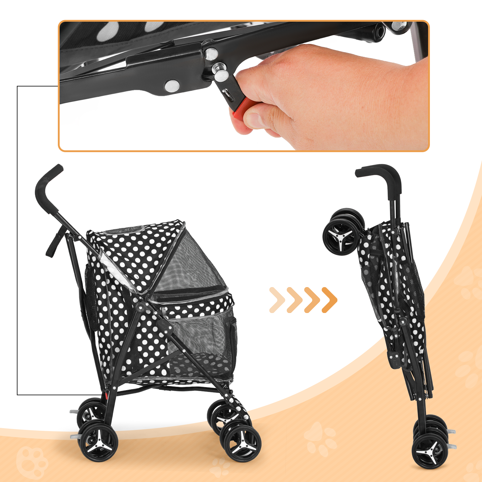 Pet Stroller Foldable 4 Wheels Cat Dog Travel Carrier Storage Basket w/Skylight