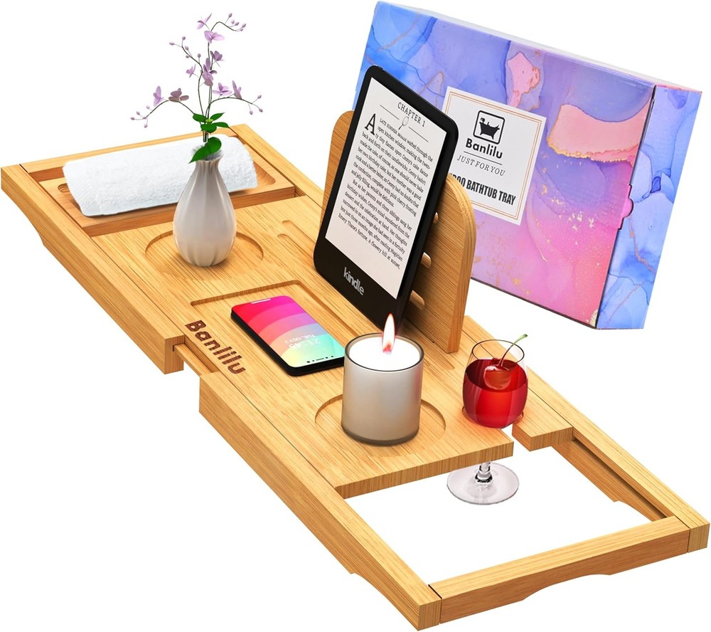 Luxury Expandable Bamboo Bathtub Tray - Rectangular Bath Natural Wood