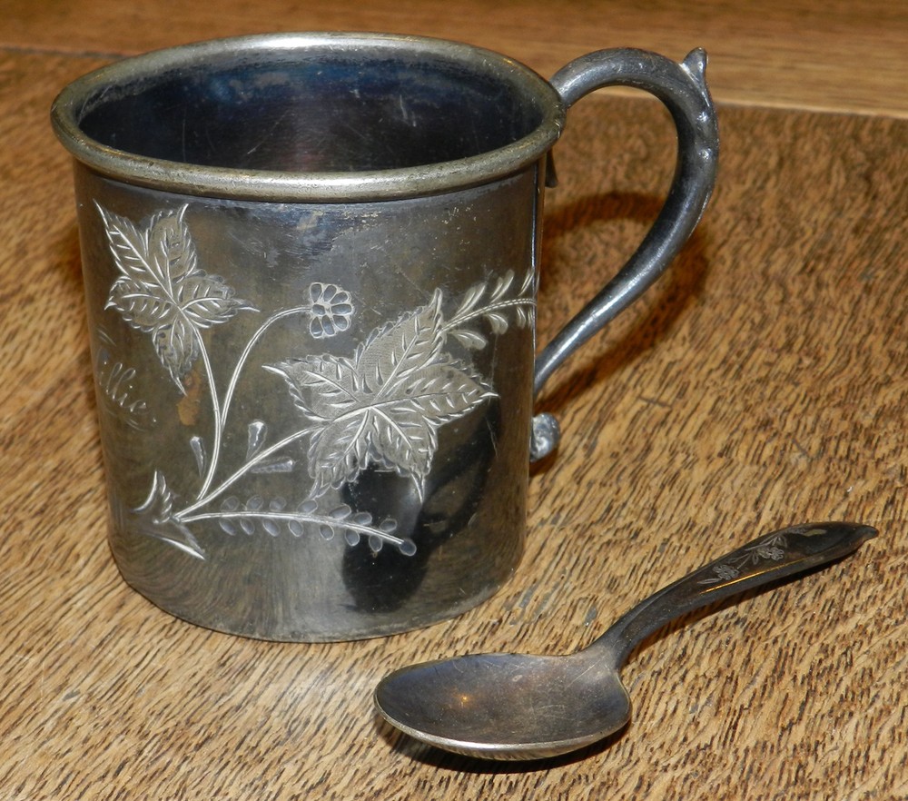 LOVELY ANTIQUE/VINTAGE JAMES W TUFTS BOSTON QUADRUPLE SILVER PLATE CUP & SPOON!!