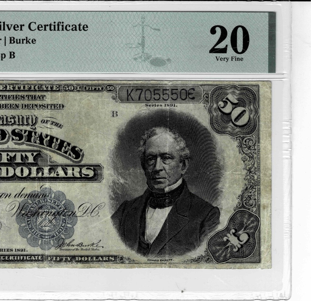 1891 $50 Silver Certificate note-(Edward Everett)- fr.335-PMG VF 20