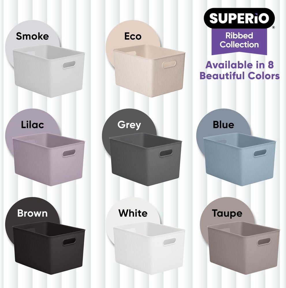 Superio 22L Large Stone Blue Ribbed Storage Bin with Lid, Plastic (2 Pack)