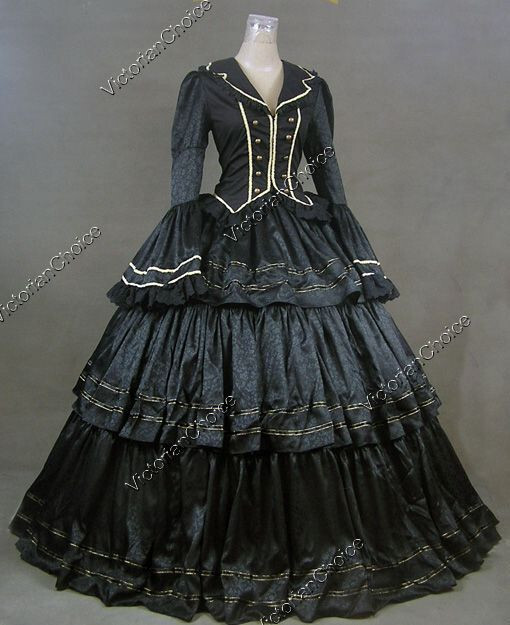 Black Victorian Civil War Brocade Dress Ruffle Skirt Ball Gown Gothic Costum 188