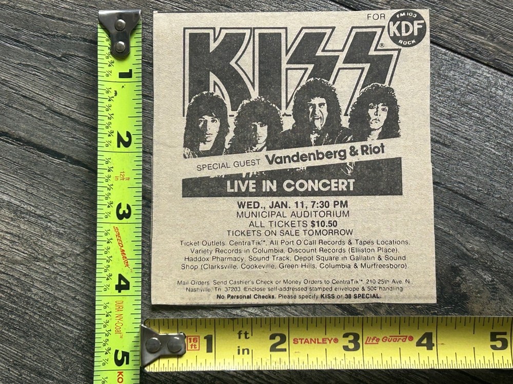 KISS Concert Ad Advert Lick It Up Tour Nashville TN Jan 11 1984 Vintage Kiss