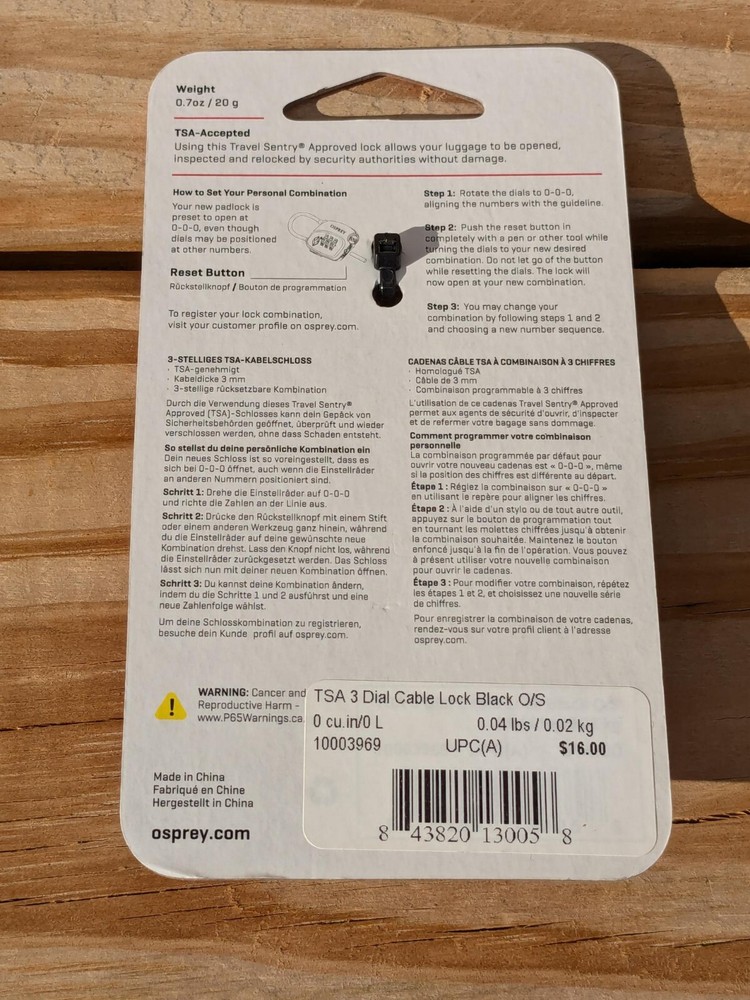 Osprey TSA 3 - Dial Combination Cable Lock - New Never used