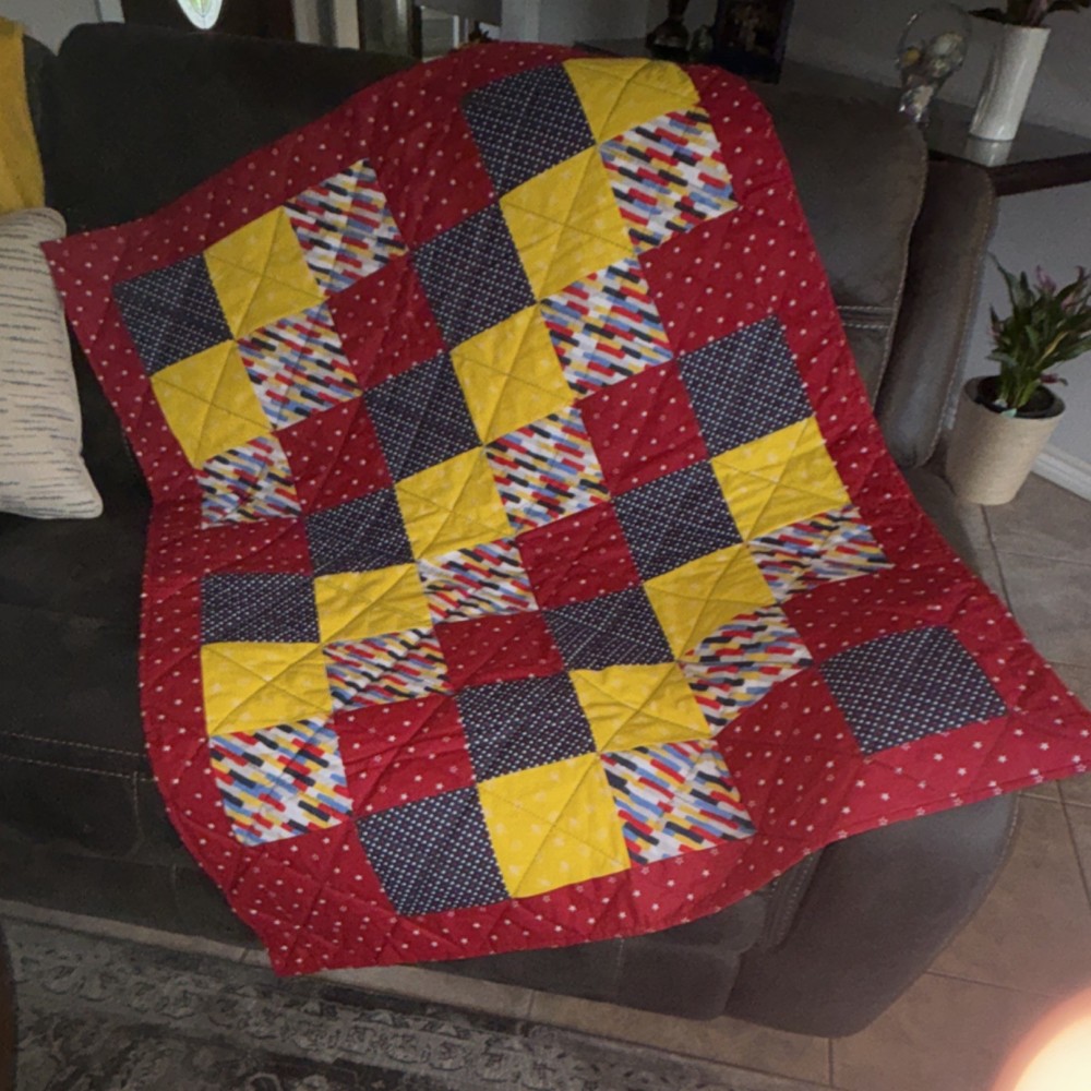 Handmade Patchwork Throw Quilt Cotton Red Multicolor Original Pattern