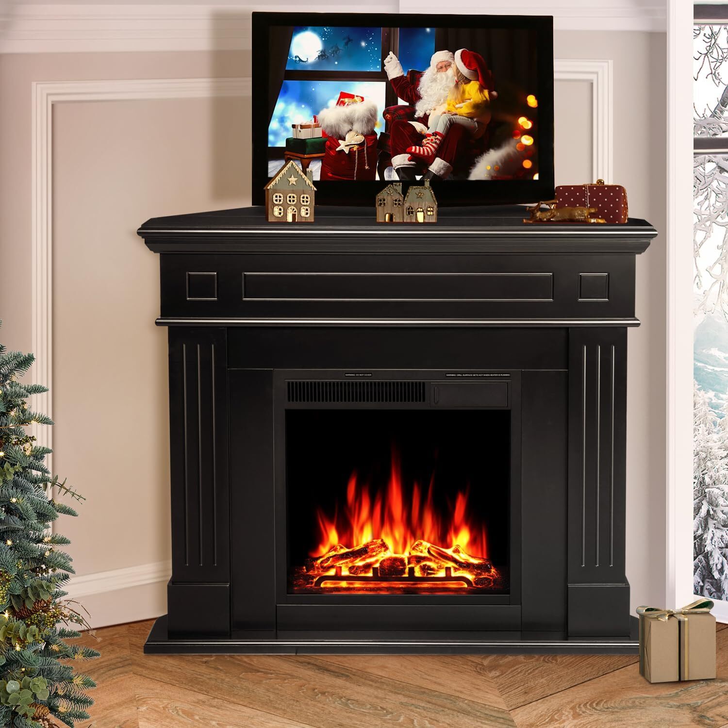 43” Corner Electric Fireplace Mantel Wooden Surround Firebox, TV Stand,Remote