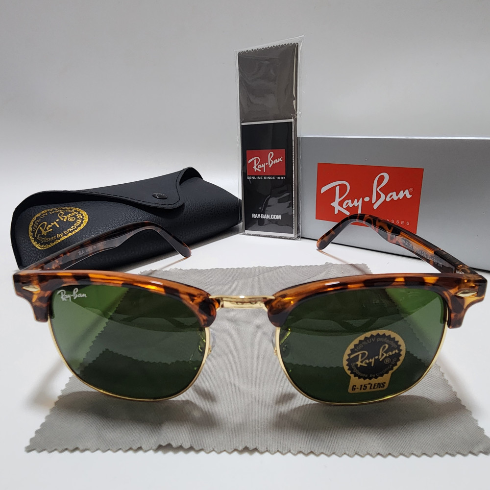 Ray-Ban RB3016 Clubmaster Brown Tortoise Frame Glass Green Lens 51mm
