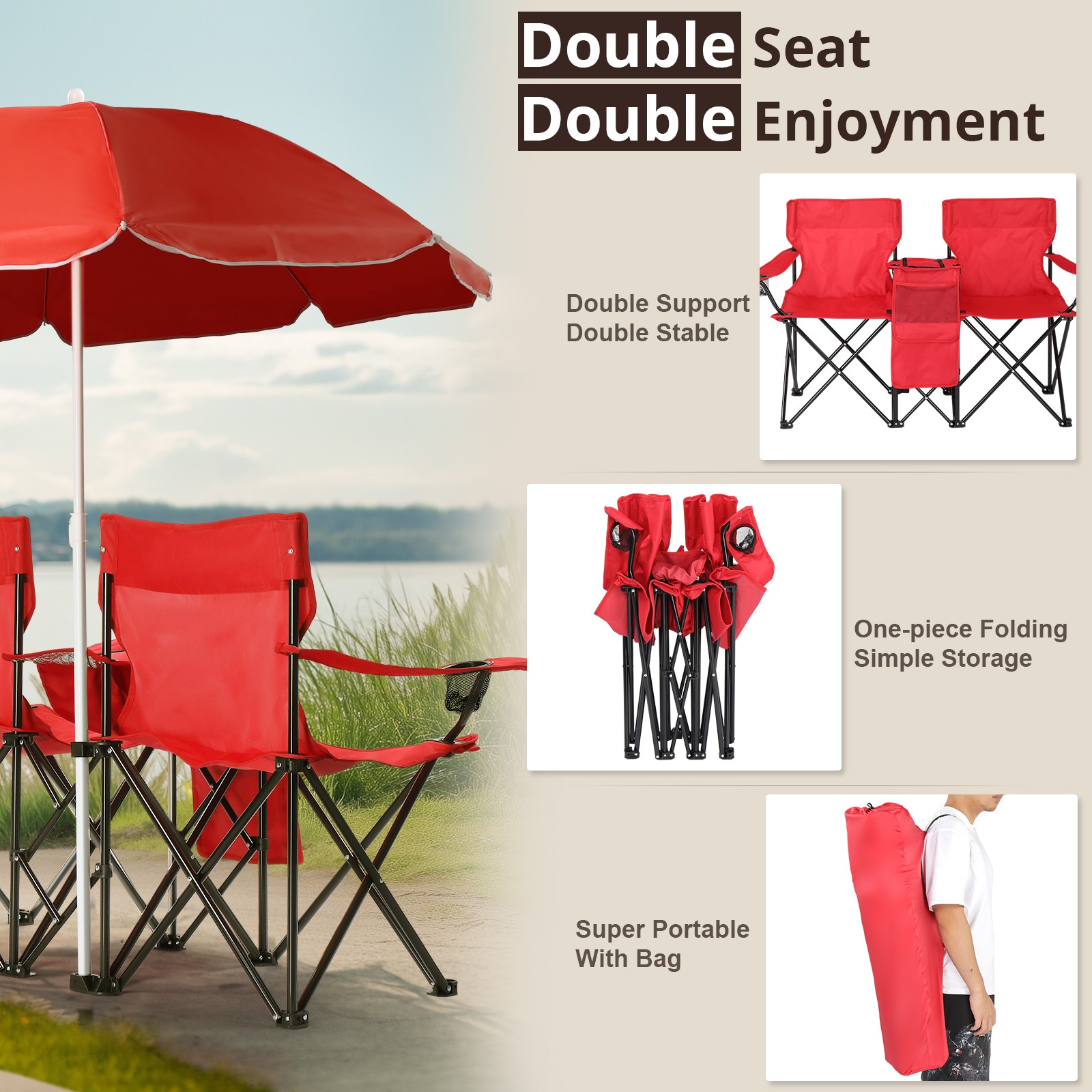 Folding Camping Outdoor Picnic Double Chair with Umbrella Table Cooler Beach New