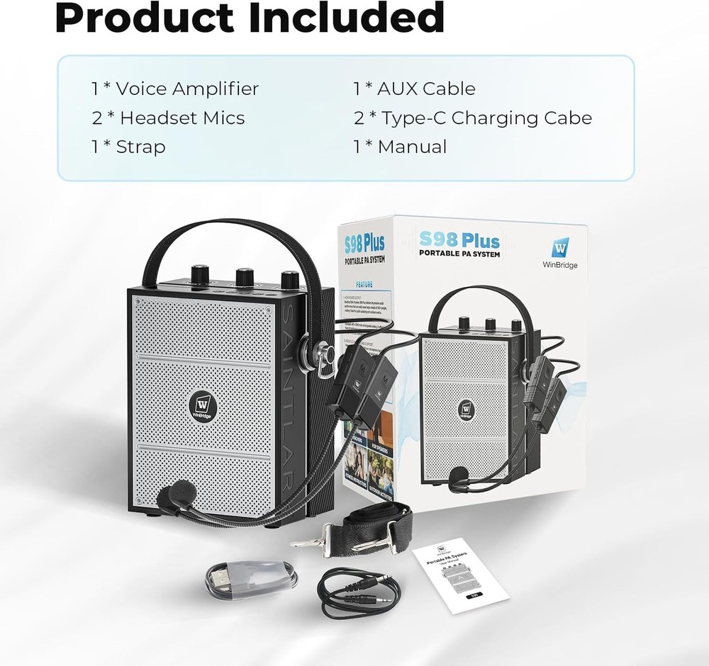 Wireless Bluetooth Amplifier, Portable, w/ 2 Headset Microphones for Instructors