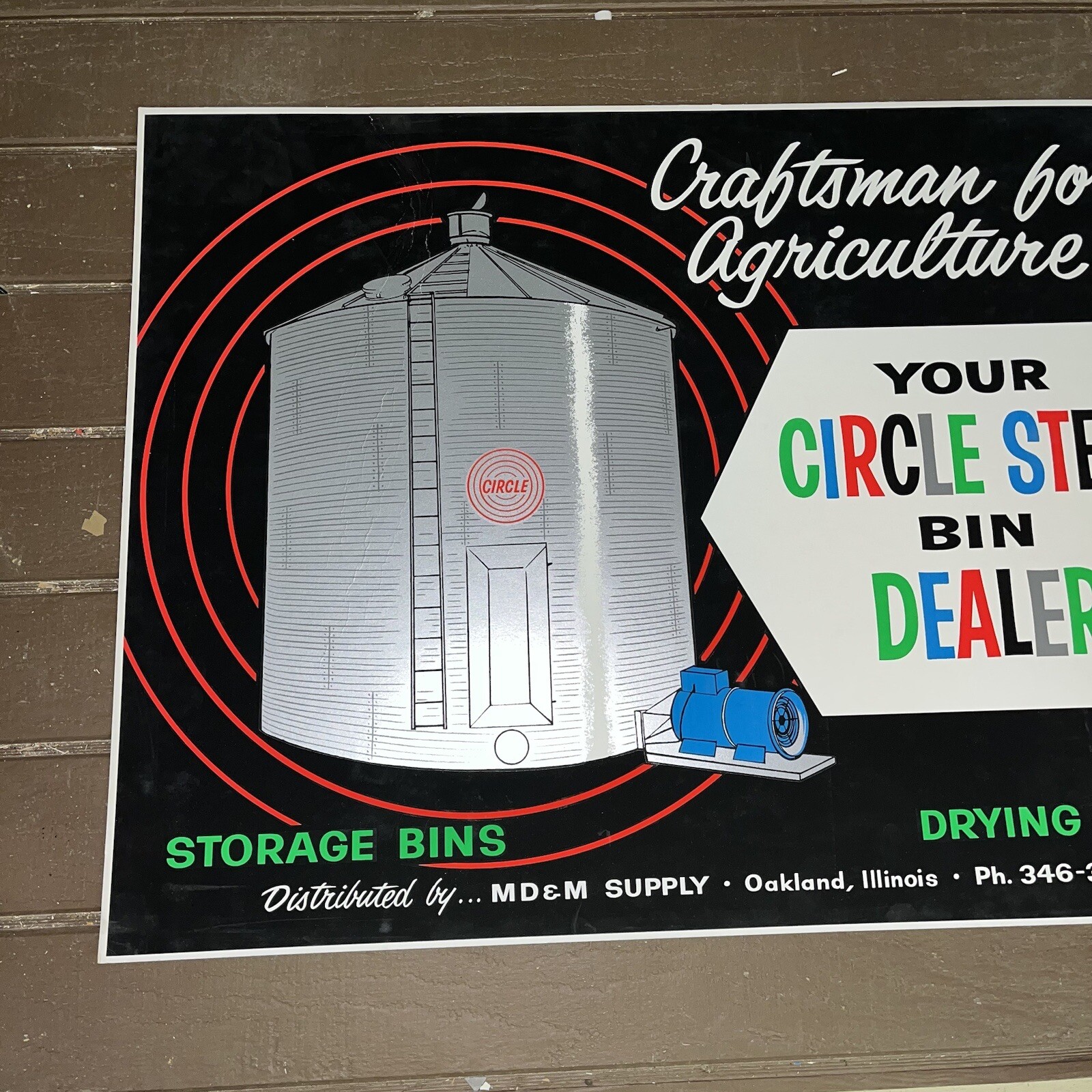 Vintage Circle Steel Grain Bin Dealer Cardboard Sign Oakland ILL MD&M Supply