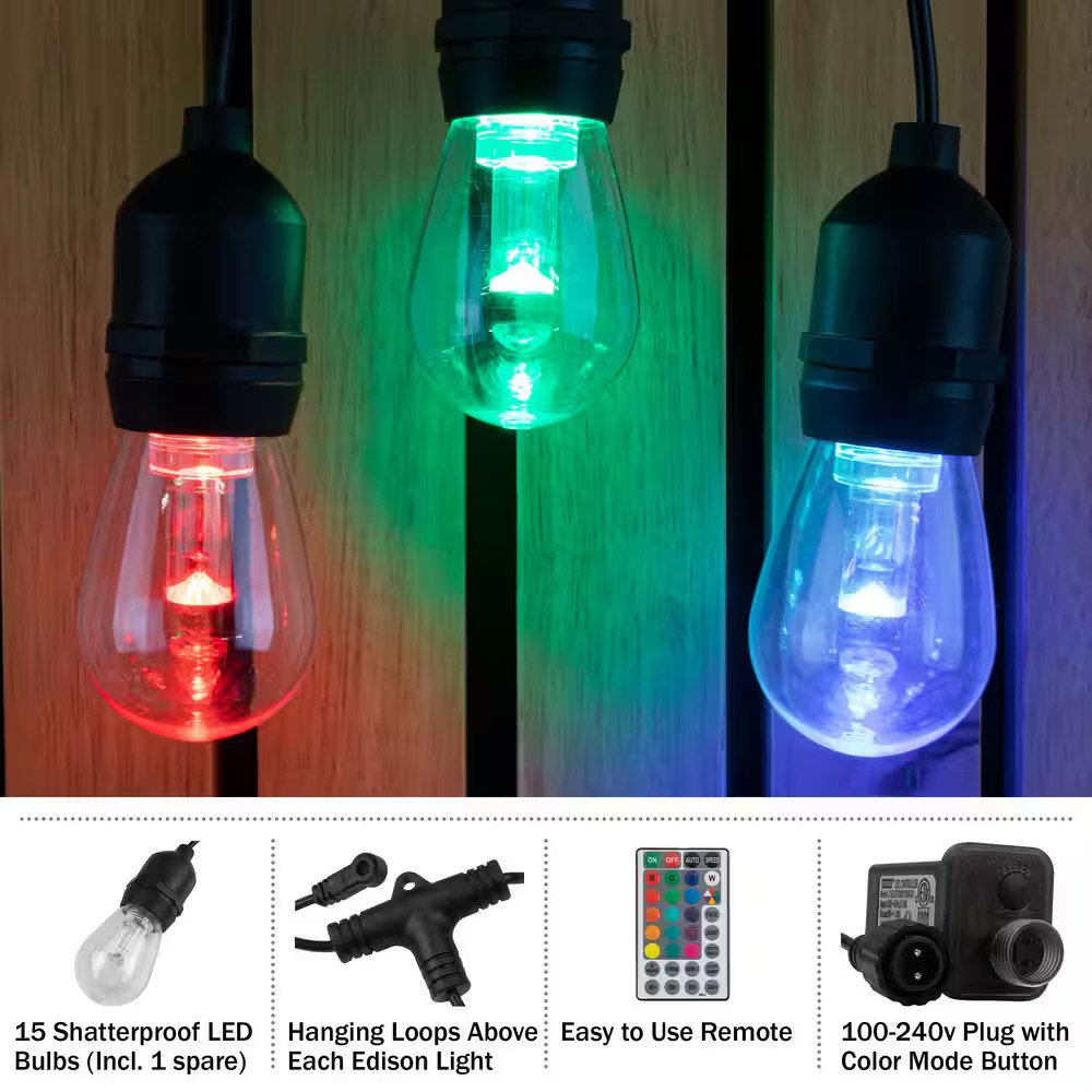 15 Edison String -Light - 50 Ft. Outdoor Plug-In Color-Changing Integrated LED E