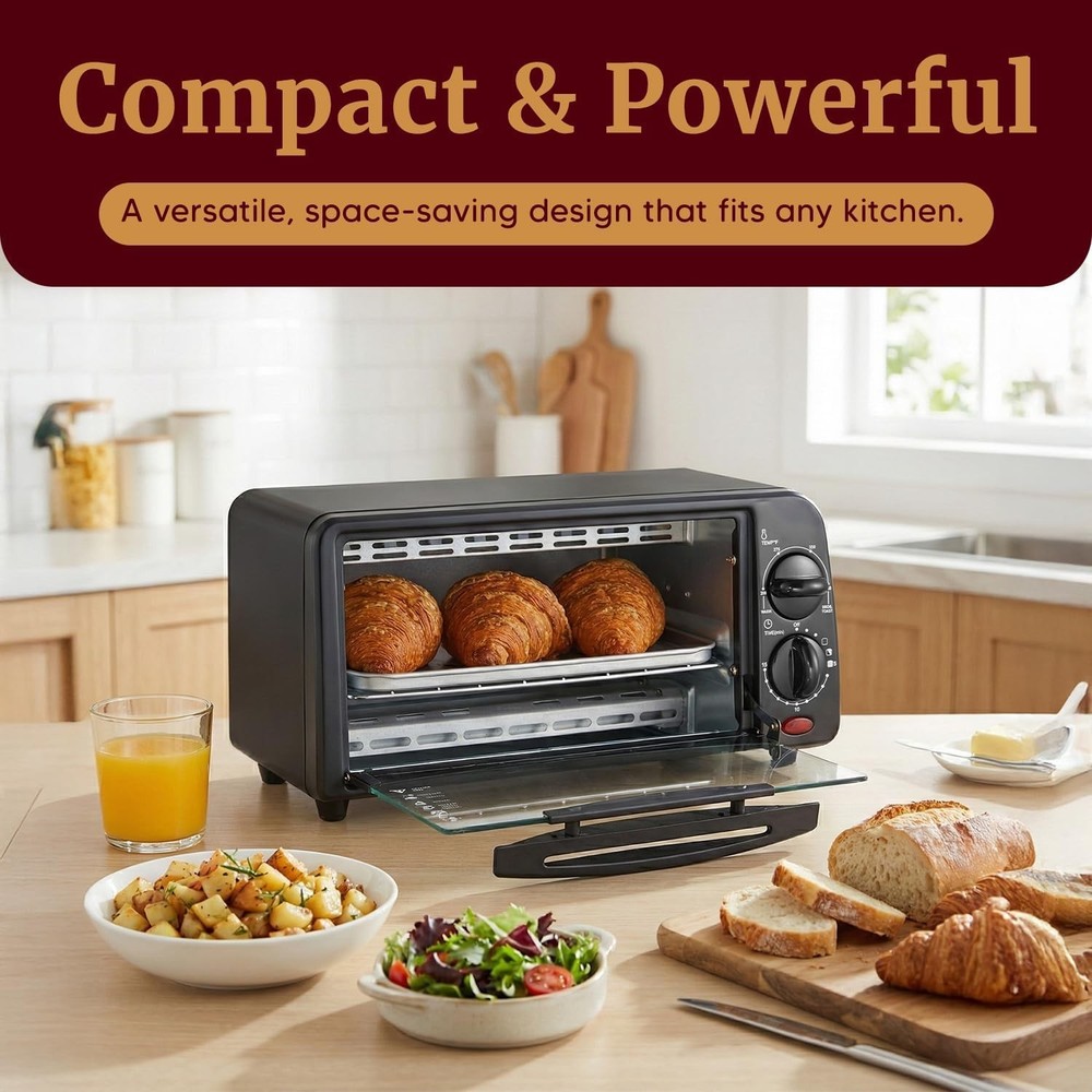 Portable Toaster Oven, Adjustable Temp & Timer, Black