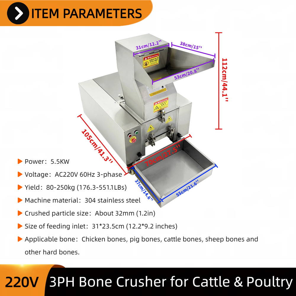 Commercial Bone Crusher 220V 3-Phase for Beef Sheep & Poultry Bone Processing