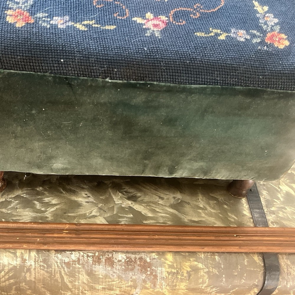 Vintage Floral Needlepoint Footstool Wool Rectangular Victorian w/ Flowers
