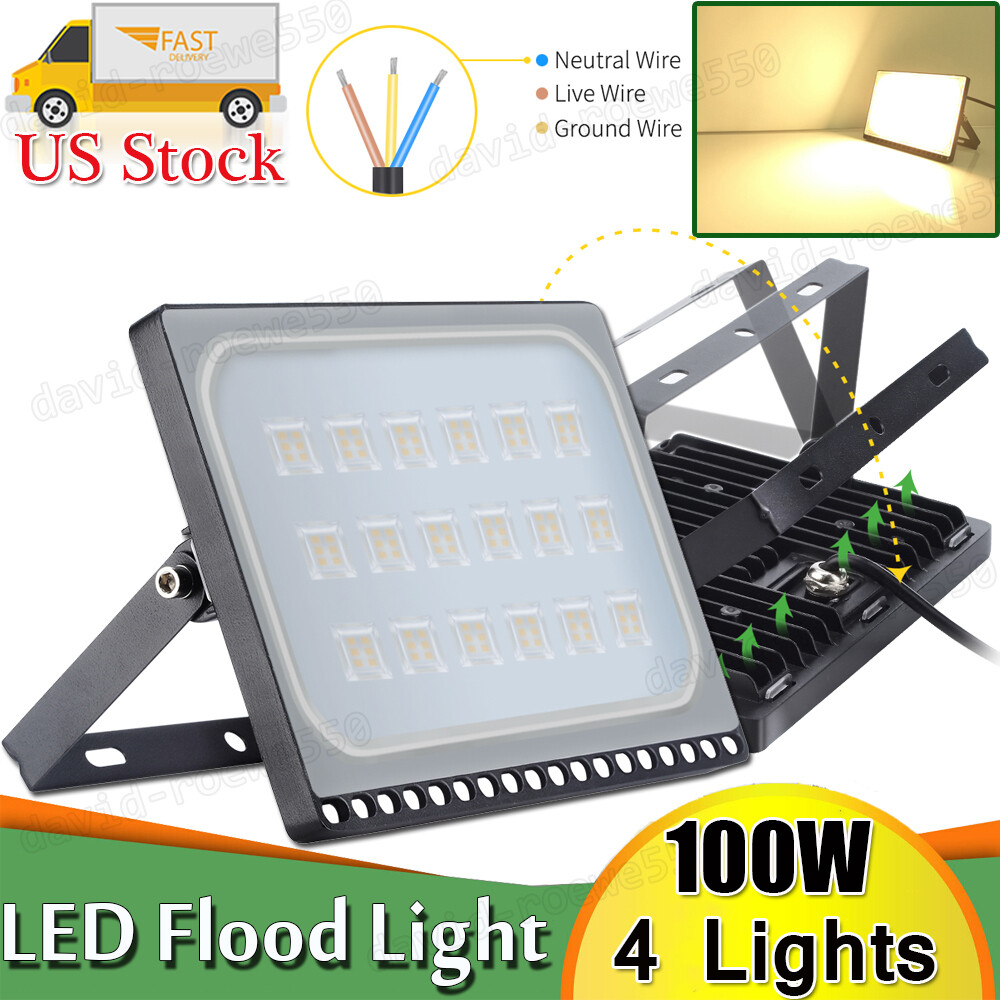 4X 100W LED Flood Light OutSideWork Light 3000K White Light Security Spotlight