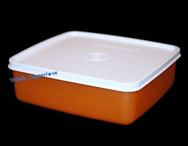 Tupperware Square Aways Keeper Large Single Square Round Orange & White NOS ❤️