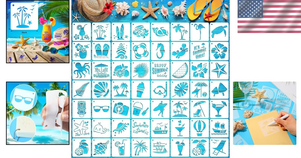 Reusable Beach Stencils Set - 56 Durable Ocean-Themed Patterns for Art Projects