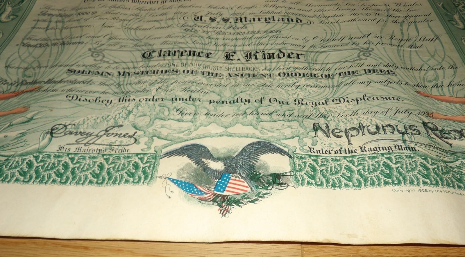 1925 USS Maryland Domain Of Neptunus Rex Navy Certificate Topless Mermaids